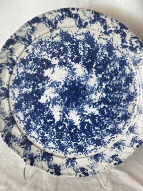 Salt Glazed Pottery Blue White 11" Round Spongeware Plate Signed R Thompson Rare